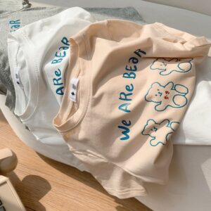 Kids Casual Cartoon Bear Letter Pattern Round Neck Short Sleeve Loose T-Shirt