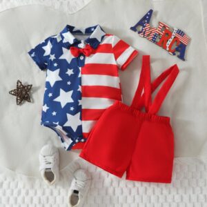 Kids Baby Boys Casual Cute Party Independence Day Stars Stripe Short Sleeve Lapel Romper Shorts Set
