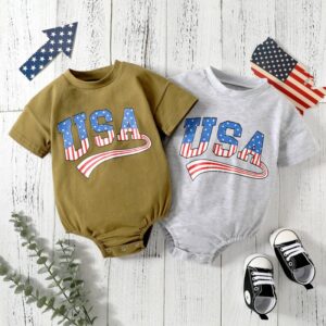 Kids Baby Boys Girls Casual Cute Party Independence Day Letter Stripe Short Sleeve Romper