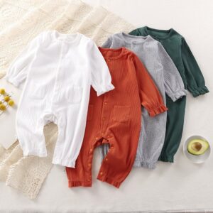 Kids Baby Boys Girls Casual Cute Solid Color RIB-KIT Long Sleeve Romper