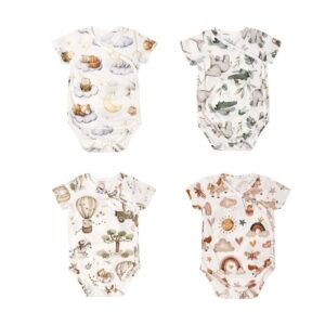 Kids Baby Boys Girls Cute Cartoon Print Short Sleeve V Neck Romper