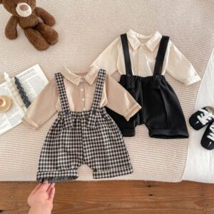 Kids Baby Boys Casual Cute Cartoon Long Sleeve Lapel Shirt Suspender Pants Set
