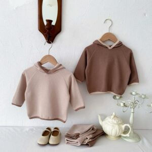 Kids Baby Boys Casual Cute Solid Color Waffle Long Sleeve Hoodies Trousers Set