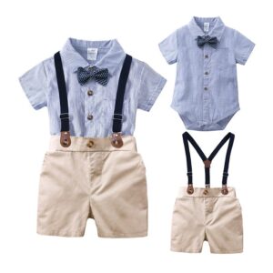 Baby Boys British Style Lapel Short Sleeve Romper And Suspender Trousers With Bow Tie Three-Piece Sets