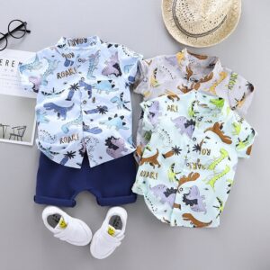Baby Boys Cute Cartoon Dinosaur Single-breasted Short Sleeve Shirt And Shorts Set