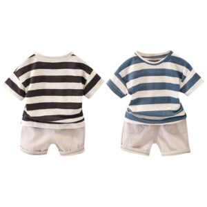 Kids Boys Casual Round Neck Short Sleeves Wide Stripe T-Shirt And Shorts Set