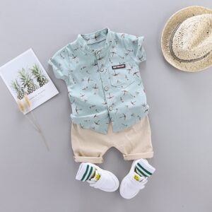 Kids Boys Basic Short Sleeve Single-breasted Printed Shirt And Shorts Set