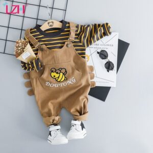 Baby Boys Basic Round Neck Long Sleeve Striped Casual T-Shirt And Cartoon Bee Pattern Denim Suspender Trousers Set