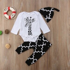Baby Boys Casual Round Neck Long Sleeves Cartoon Giraffe Romper And Pants With Hat