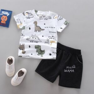 Baby Boys Cute Round Neck Short-sleeved Dinosaur Pattern T-Shirt And Shorts Set