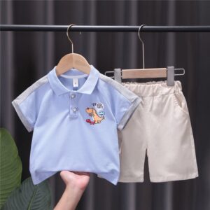 Boys Simple Dinosaur Pattern Polo Shirt And Shorts Set