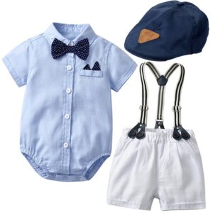 Boys Gentleman Romper And Overalls With Hat Set