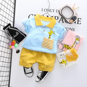 Baby Boys Cute Giraffe Lapel Short Sleeves T-Shirt And Solid Color Shorts Two-piece Set