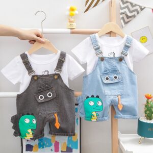 Baby Boys Cute Round Neck Short-sleeved Cartoon Dinosaur T-Shirt And Suspender Trousers Set