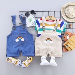 Baby Boys Cute Round Neck Short-sleeved Striped T-Shirt And Rainbow Suspender Trousers Set