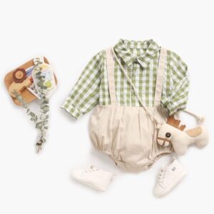 Boys Fashion Lapel Plaid Fake Strap Design Romper