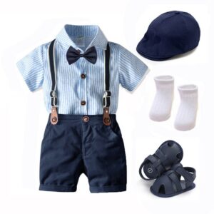 Boys Gentleman Striped Romper Overalls Hat And Shoes Set