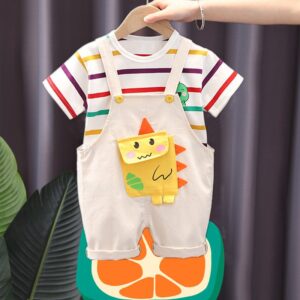 Baby Boys Cute Round Neck Short-sleeved Cartoon Dinosaur Striped T-Shirt And Suspender Trousers Set