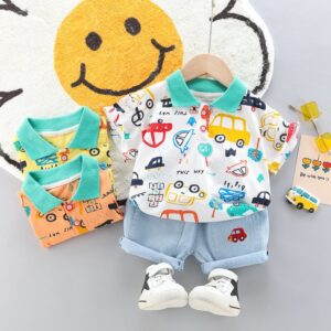 Baby Boys Cute Cartoon Car Lapel Short Sleeve T-Shirt And Denim Shorts Set