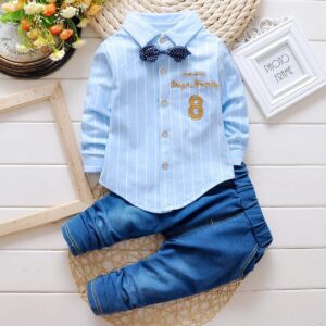 Baby Lapel Design Striped Single-breasted Shirt And Pants Set