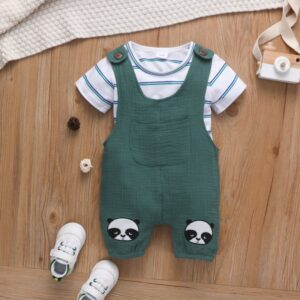 Baby Boys Cute Round Neck Short-sleeved Striped T-Shirt And Cartoon Panda Embroidered Suspender Trousers Set