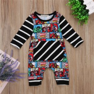 Baby Fashion Autumn Cartoon Print Striped Pocket Rompers