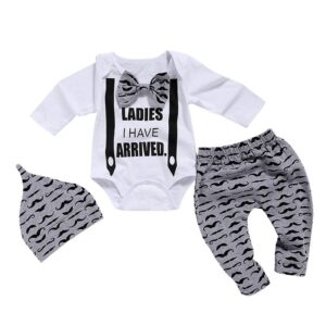 Kids Bow Letter Print Romper And Beard Print Trousers With Hat Set