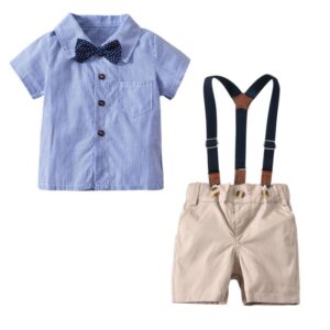 4 Pcs Boy Cotton Stripe Print Shirt And Shorts And Bowtie Suspender