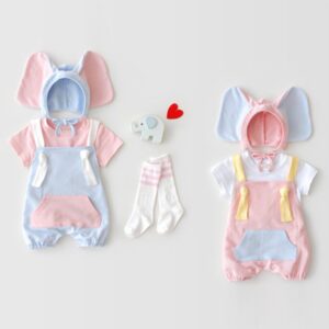 Baby Cute Round Neck Short Sleeve Color Blocking Fake Two Piece Romper With Elephant Ear Design Hat