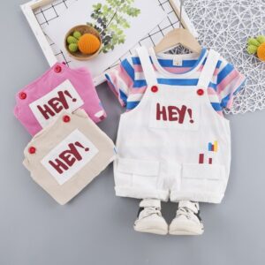 Baby Cute Round Neck Long Sleeve Striped T-Shirt And Suspender Trousers Set