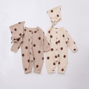 Baby Cute Round Neck Long Sleeve Bear All Over Print Single-breasted Jumpsuit With Hat