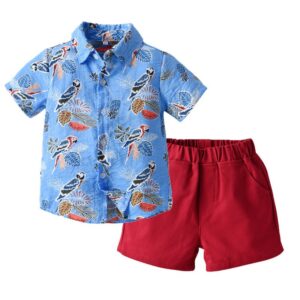 Boys Casual Lapel Short-sleeved Floral Shirt And Shorts Two-piece Set