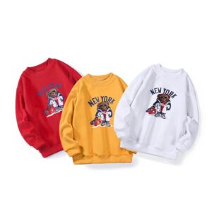 Kids Casual Long Sleeve Round Neck Bear Pattern Fleece-lined Sweatshirt