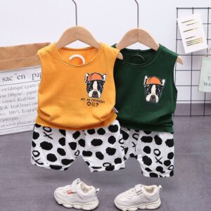 Boys Fashion Puppy Pattern Vest And Casual Shorts Set