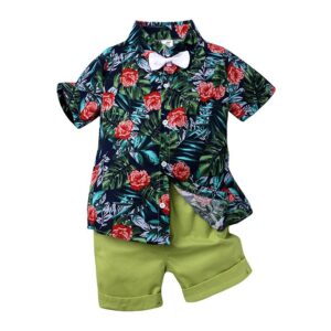 Boys Fashion Short-sleeves Plant Pattern Shirt And Shorts Set