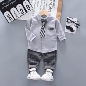 Boys Single-breasted Lapel Design Shirt And Plaid Pants Set