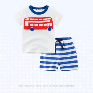 Kids Summer Transportation Printed Top And Striped Elastic Waist Shorts Set