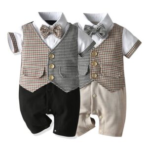 Kids Baby Boys Party British Style Plaid Vest Short-Sleeved Lapel Romper