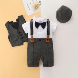 Kids Baby Boys Party British Style Vest Short-Sleeved Lapel Romper Set