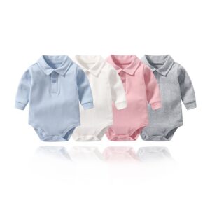 Kids Baby Boys Girls Casual Cute Solid Color Long Sleeve Lapel Romper