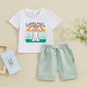 Kids Baby Boys Girls Easter Cute Rabbit Print Short Sleeve Round Neck T-Shirt Shorts Set