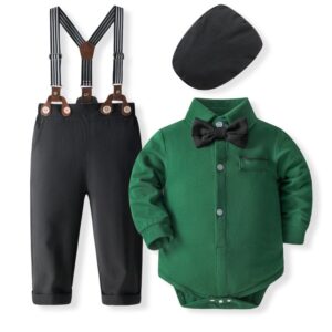 Kids Baby Boys Party British Style Solid Color Long Sleeve Lapel Romper Suspender Pants Set