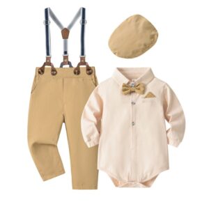 Kids Baby Boys Party British Style Solid Color Long Sleeve Lapel Romper Suspender Pants Set