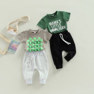 Kids Baby Boys Girls St. Patrick Day Letter Print Short-Sleeved Round Neck T-Shirt Trousers Set