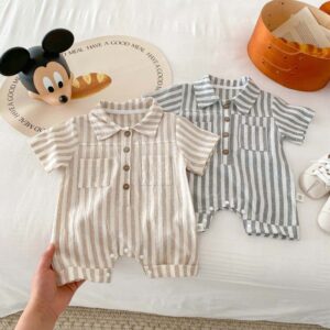 Kids Baby Boys Girls Fashion Casual Stripe Short Sleeve Lapel Romper