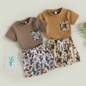 Kids Baby Boys Casual Cute Cartoon Print Short Sleeve Round Neck T-Shirt Shorts Set