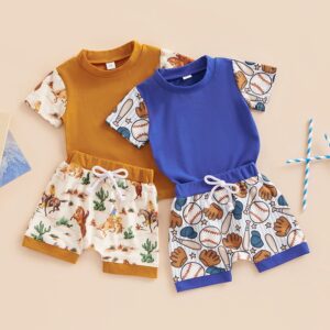 Kids Baby Boys Casual Cute Cartoon Print Short Sleeve Round Neck T-Shirt Shorts Set