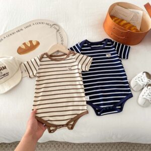 Kids Baby Boys Girls Casual Cute Stripe Short Sleeve Round Neck Romper