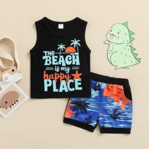 Kids Baby Boys Casual Vacation Letter Print Sleeveless Round Neck Tank Top Shorts Set