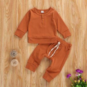 Kids Baby Boys Girls Casual Cute Solid Color Long Sleeve Round Neck Top Trousers Set